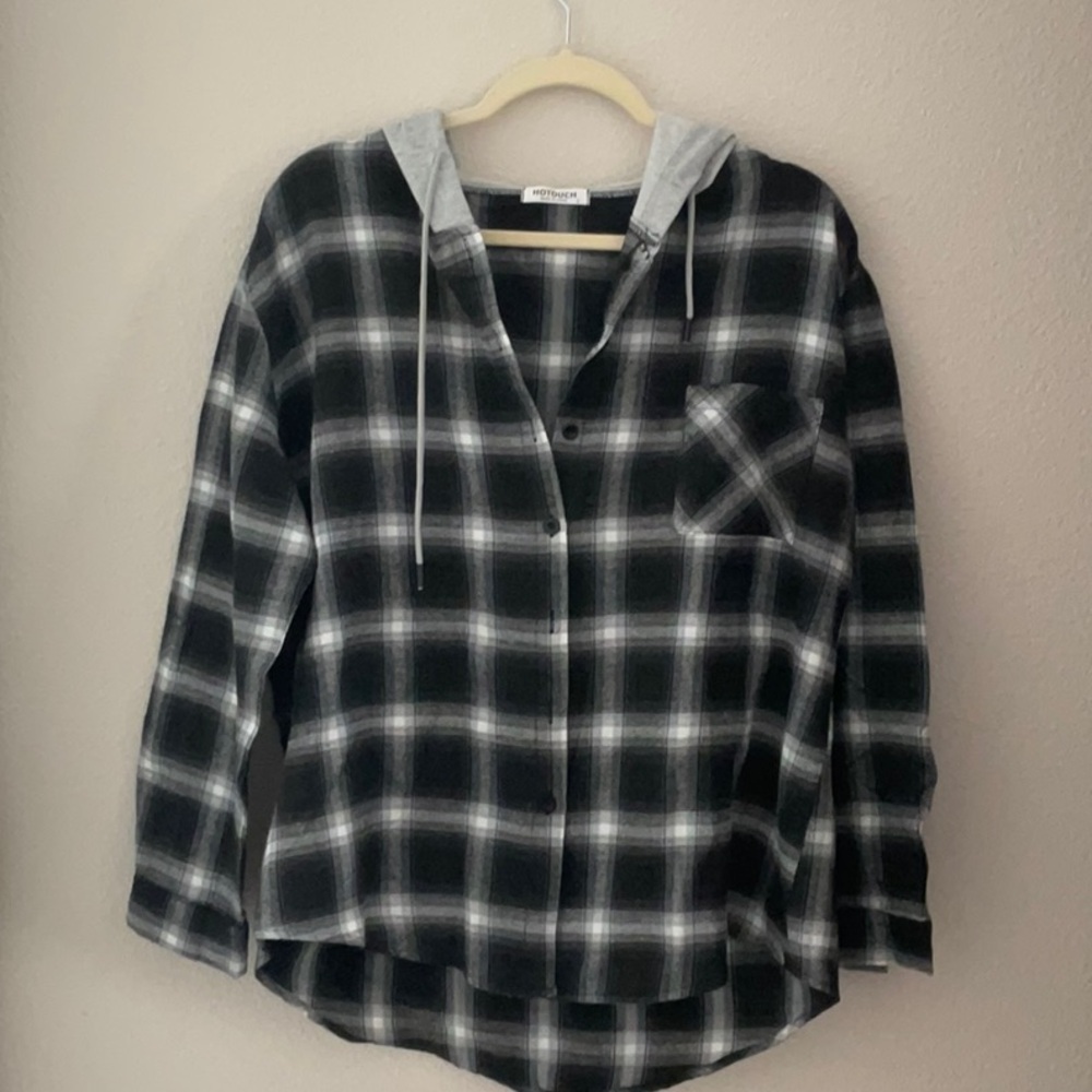 This flannel is light weight, size large and is charcoal and grey in color.